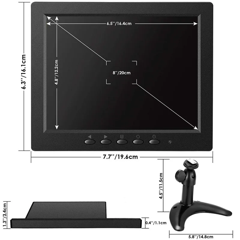 8 inch IPSLED Monitor 1024x768 Resolution Display Portable 4:3 IPS HD Color Video Screen Support HDMI VGA BNC AV USB Input