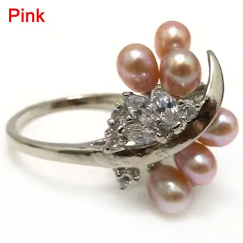 

8# Natural Pink Fresh Water Rice Pearl Women Ring with Zircon