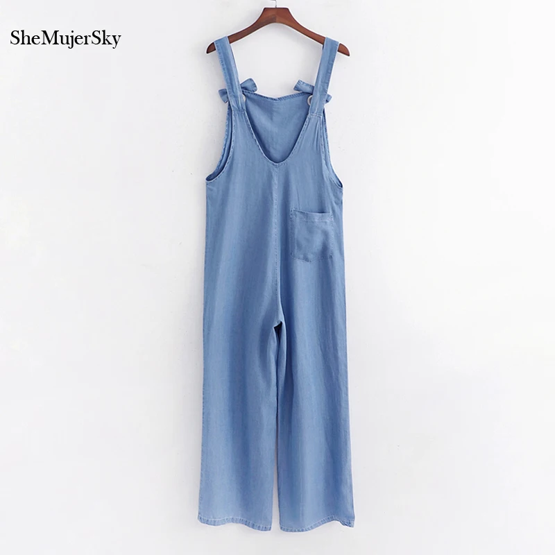 

SheMujerSky Summer Blue Denim Jumpsuit Elegant Strappy Women Sleeveless Jumpsuits 2019 Overalls monos mujer