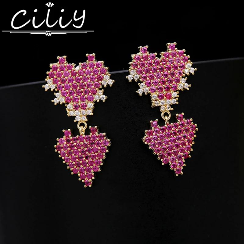 font b luxury b font Rose red AAA Zircon double heart shaped drop earrings for
