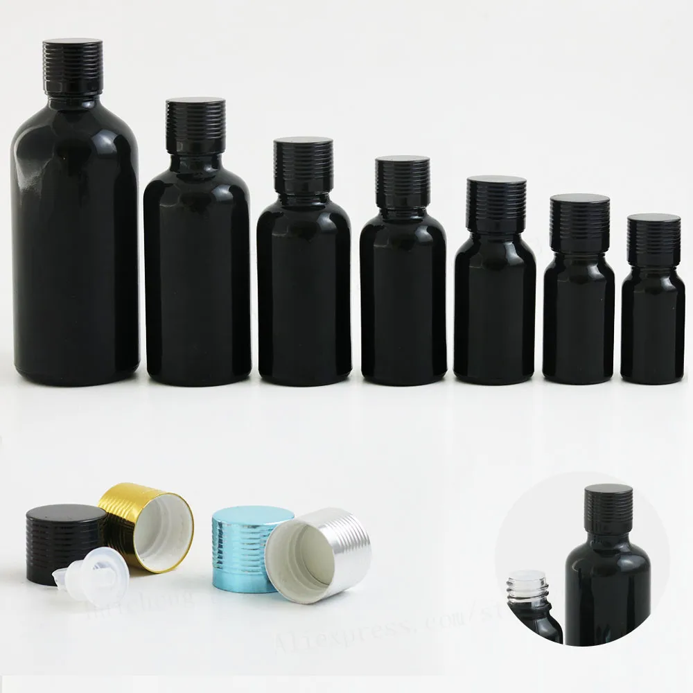 

Paint Shining Black Cosmetic Essential Oil Bottle With Aluminum Lids Caps Reducer 5ML 10ML 15ML 20ML 30ML 50ML 100ML 12PCS