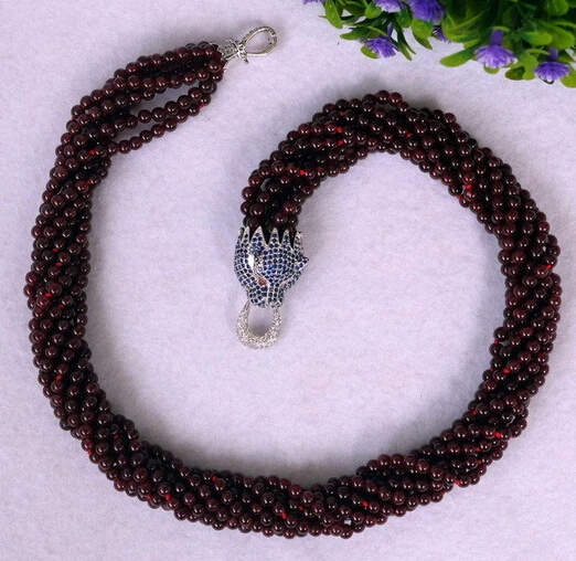 

xiuli 003526 8strds natural Garnet Round necklace-zircon clasp