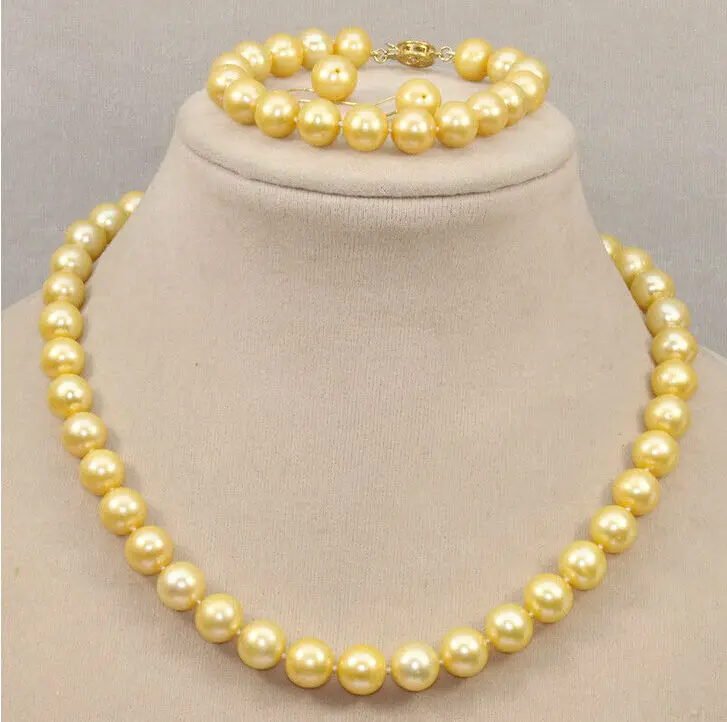 

HOT SELL - beautiful hot +10-11mm South Sea Yellow Pearl Necklace Bracelet Earring -Top quality free shipping