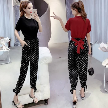 

Elegant 2019 Woman's Fashion Chic Two Piece Set Casual Dot Bow Pocket Twinset Chic Korean Ankle-length Pants Conjunto Feminino