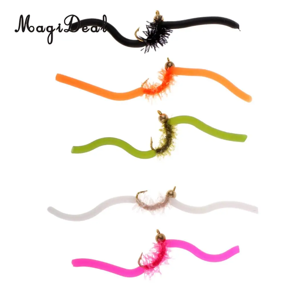5pcs San Juan Worm Fly Fishing Trout Flies Assortment Power Bead Trout Nymph Fly Fishing Flies