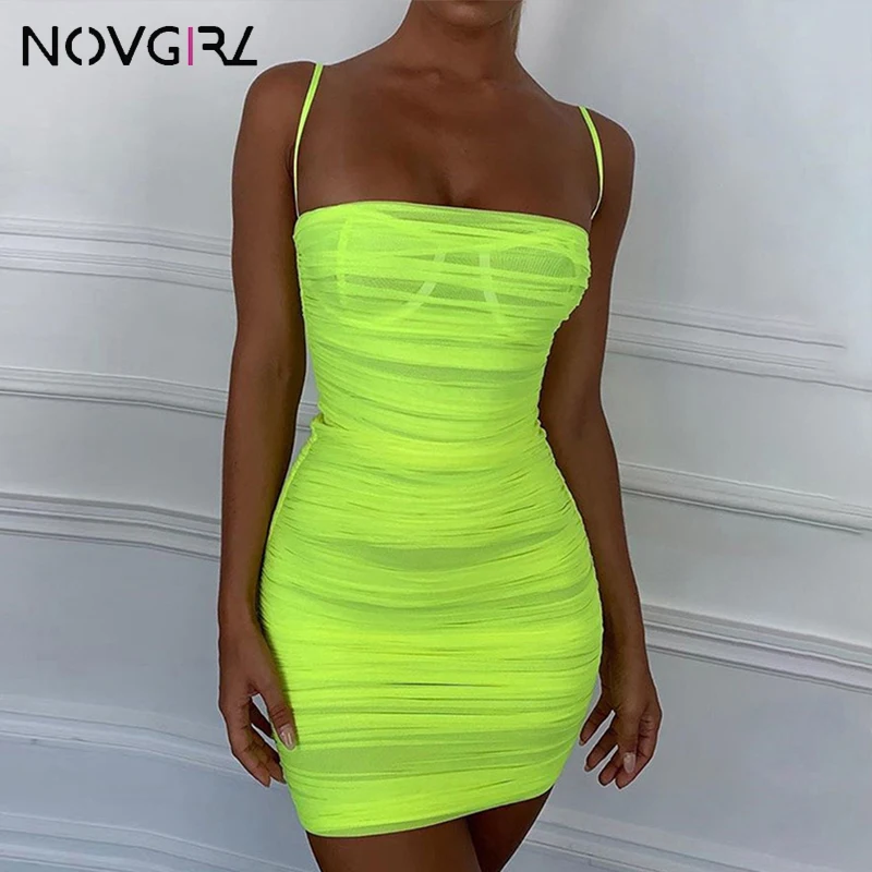 

Novgirl Strap Sexy Club Party Dress Women 2019 Summer Fashon Mesh Ruched Bodycon Neon Dress Lining High Quatity Vestidos Girls