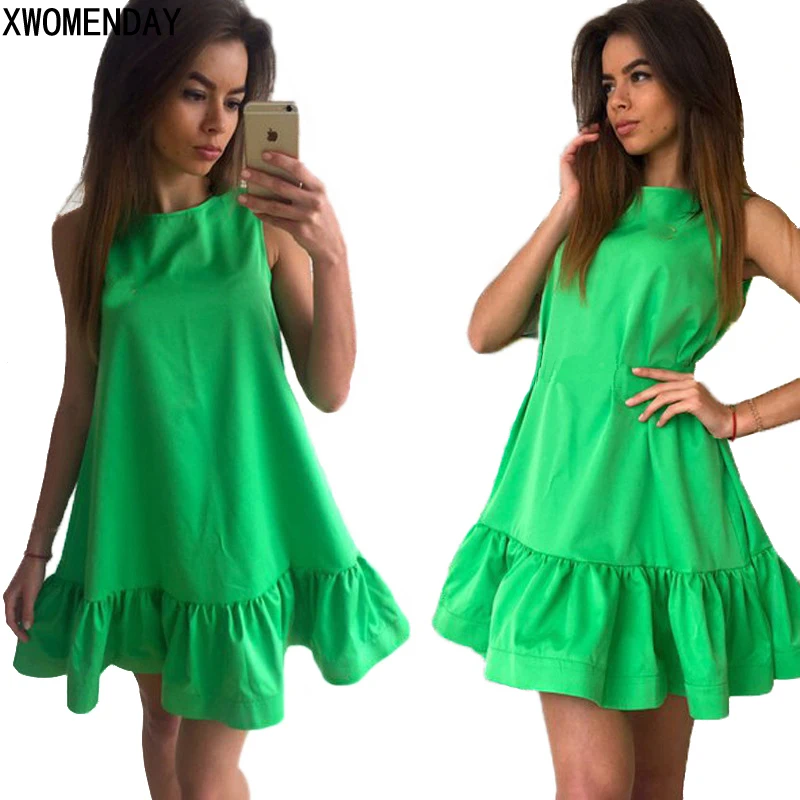 Женское летнее платье модное гофрированное ТРАПЕЦИЕВИДНОЕ ПЛАТЬЕ для 2018 без рукавов Мини Короткое - отзывы