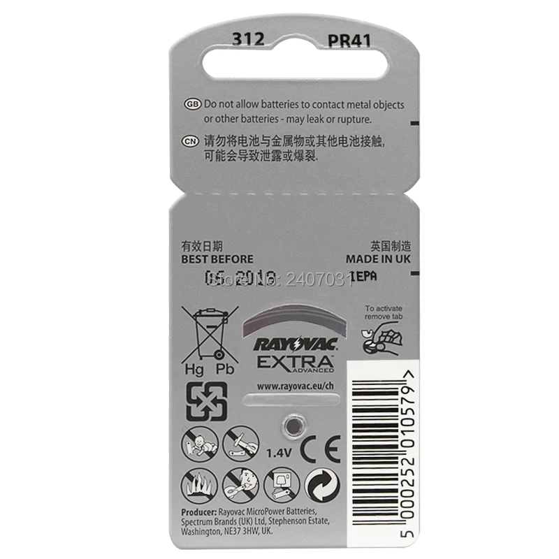 New 60 cells/10card Rayovac Extra 1.45V Performance Hearing Aid Batteries. Zinc Air 312/A312/PR41 Battery for CIC Hearing aids