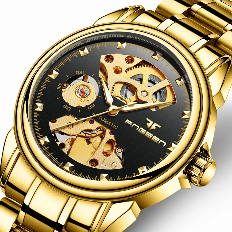 

5Bar Waterproof Business men's watch Fashion Men Automatic Mechanical Watches Skeleton Design Full Steel Male Clock Montre homme