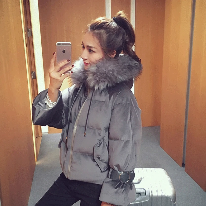 Hooded Cocoon Fur Collar Winter Parka Women Grey Parkas Padded Coat