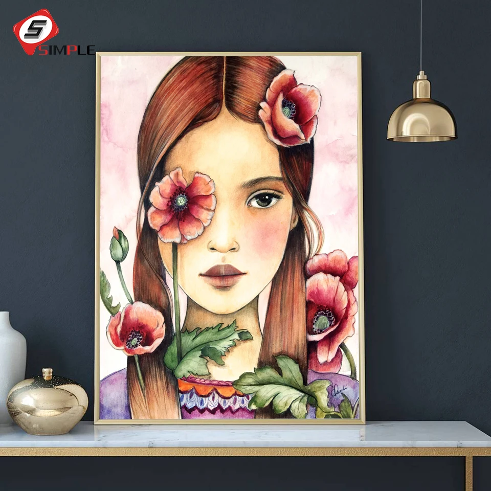 Flower Poppies Girl Portrait Canvas Prints Wall Art Painting Fashion Perfume Pictures Posters for Living Room Home Decor | Дом и сад