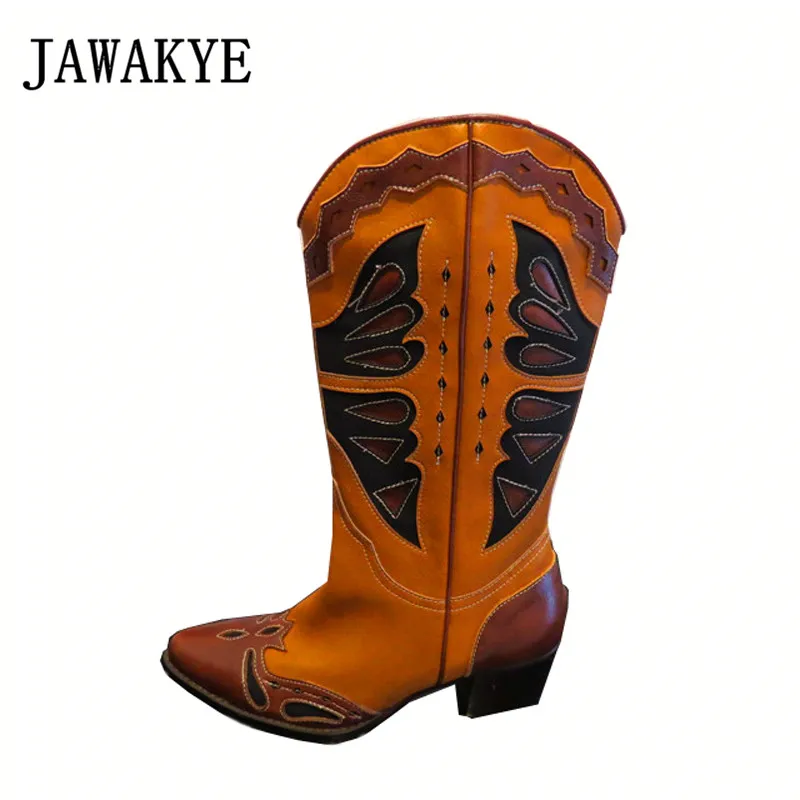 

Retro Genuine Leather Western Cowboy Combat Boots Women Designer Carving Pointed Toe Square High Heels Knight Boots For Women