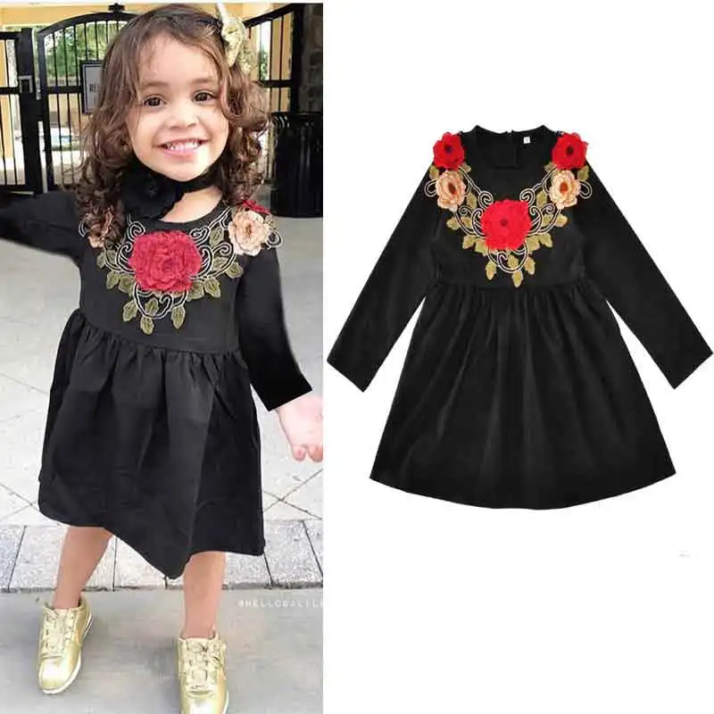 New Fashion Girls Dress Embroidery Big Flower Baby Girls Dresses Black Long Sleeve Fall Girls Clothing Party Girls Outfit (5)