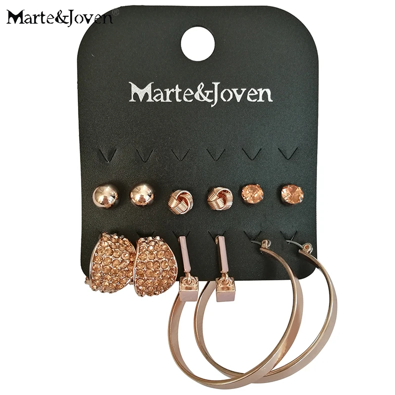

Marte&Joven Rose Gold Color 6 Pairs/set Champagne Rhinestone Metal Studs Earring Sets for Ladies Big Circle Metal Earrings Women