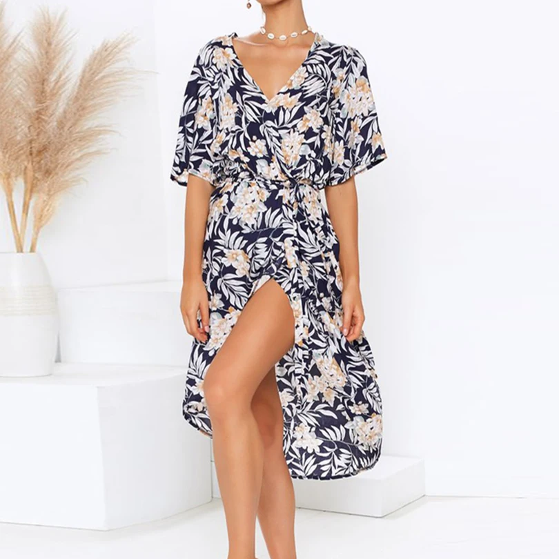 Image Sexy V Nevk Floral Sashes Women Dress Long Print Ruffles Elegant Chiffon Female Dress Summer Style Vintage Party Robe Dress 2019