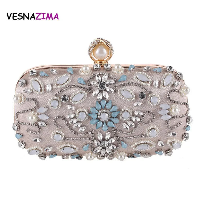 

VESNAZIMA Luxury Women Evening Bag Ladies Rhinestone Clutch Bag Bridal Wedding Party Purse Pearl Bead Shopping Chain Bags WM548Z