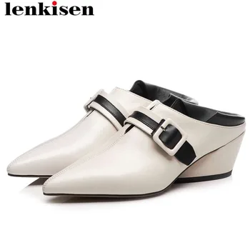 

Lenkisen cow leather mixed color slip on strange style med heels pointed toe buckle belt design dress career big size pumps L0f2
