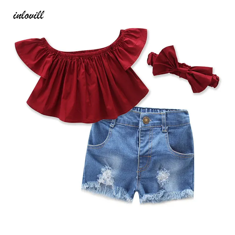 

3Pcs Baby Girls Clothing Sets Kids Sleeveless T shirt+Jeans Shorts+Scarf Girls Shoulder Tops Pants Outfits Sets Clothes
