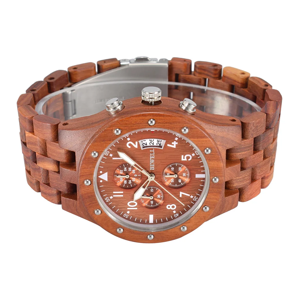 BEWELL Mens Unique Wooden Watch Quartz Movement Lightweight Time Luminous Date Vintage Analog Wristwatch dropship supplier 109D