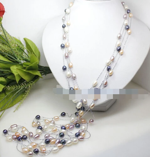 

N3806 lot 4 pcs real mix colorwhite pink lilac black rice pearl necklace 46" Jewelry % Discount AAA