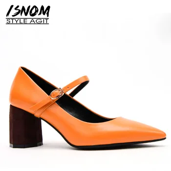 

ISNOM Mary Jane Pumps Women Pointed Toe Footwear Party Unusual Heel High Shoes Female Cow Leather Shoes Woman Summer 2019 New