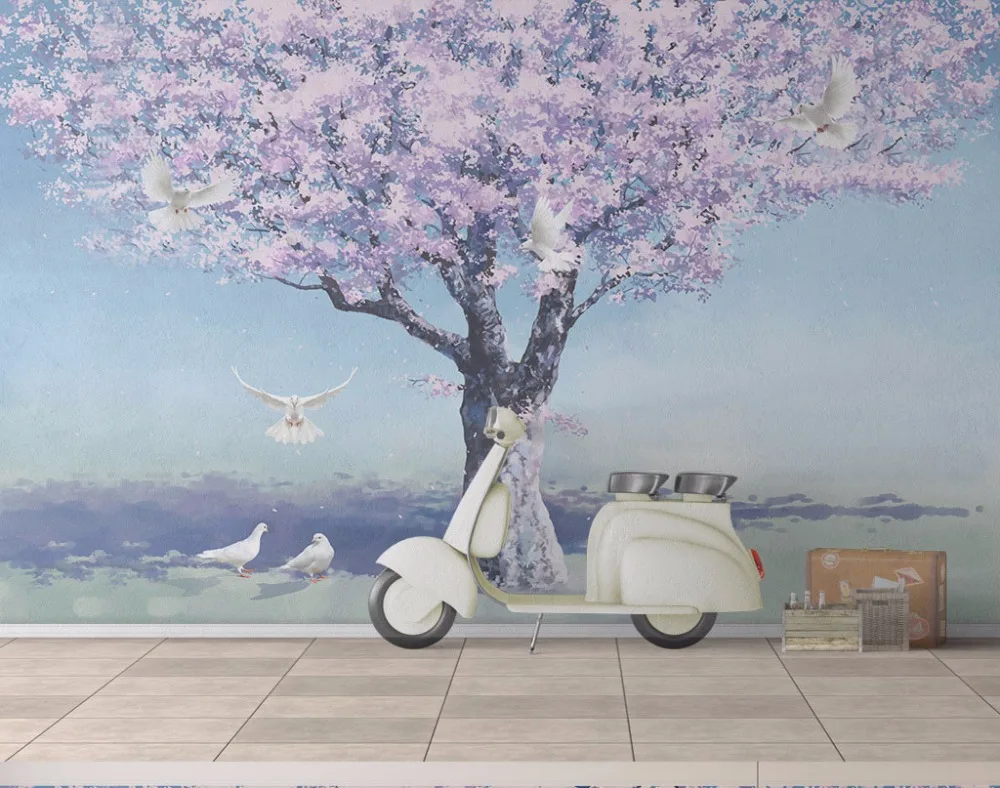 

Bacaz 8d stereo pink tree Pachira dove background 3D wall mural for living room and bed room