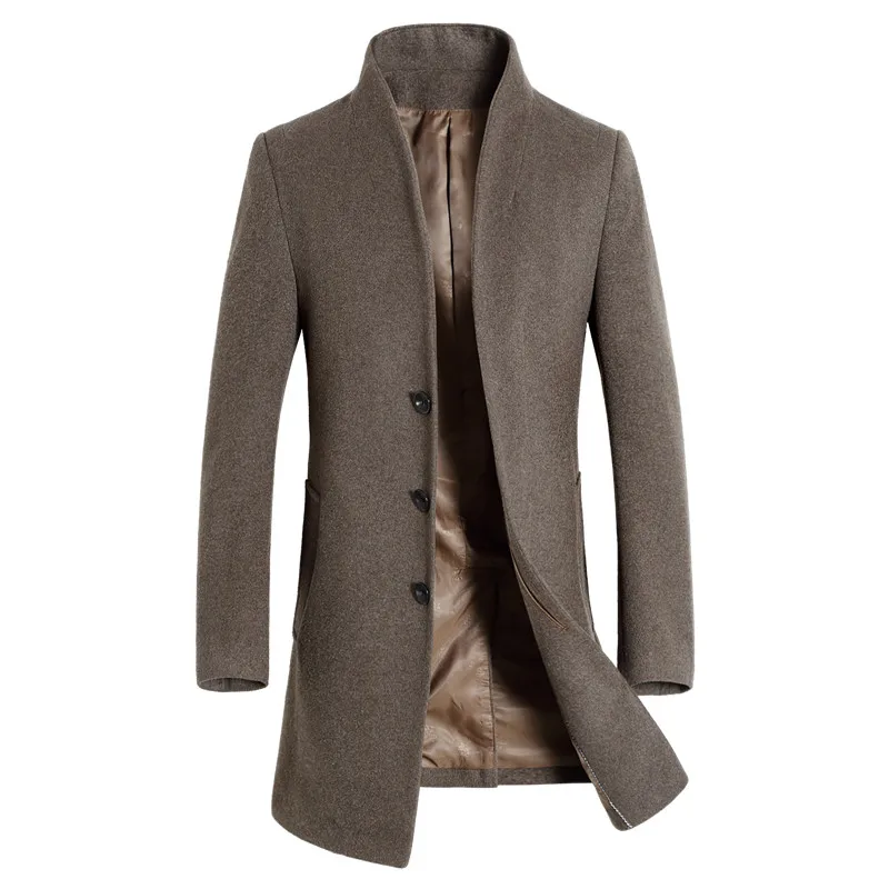 Мужское шерстяное пальто, приталенное средней длины пальто, однотонное теплое пальто-ветровка, зимнее шерстяное пальто