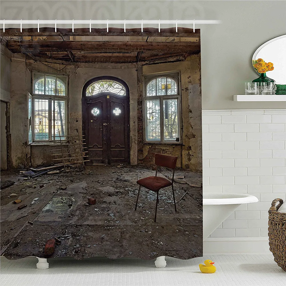 

Building Decor Shower Curtain Abandoned House Room with Broken Window and Damaged Walls Empty Ruins Print Bathroom Decor Set wit