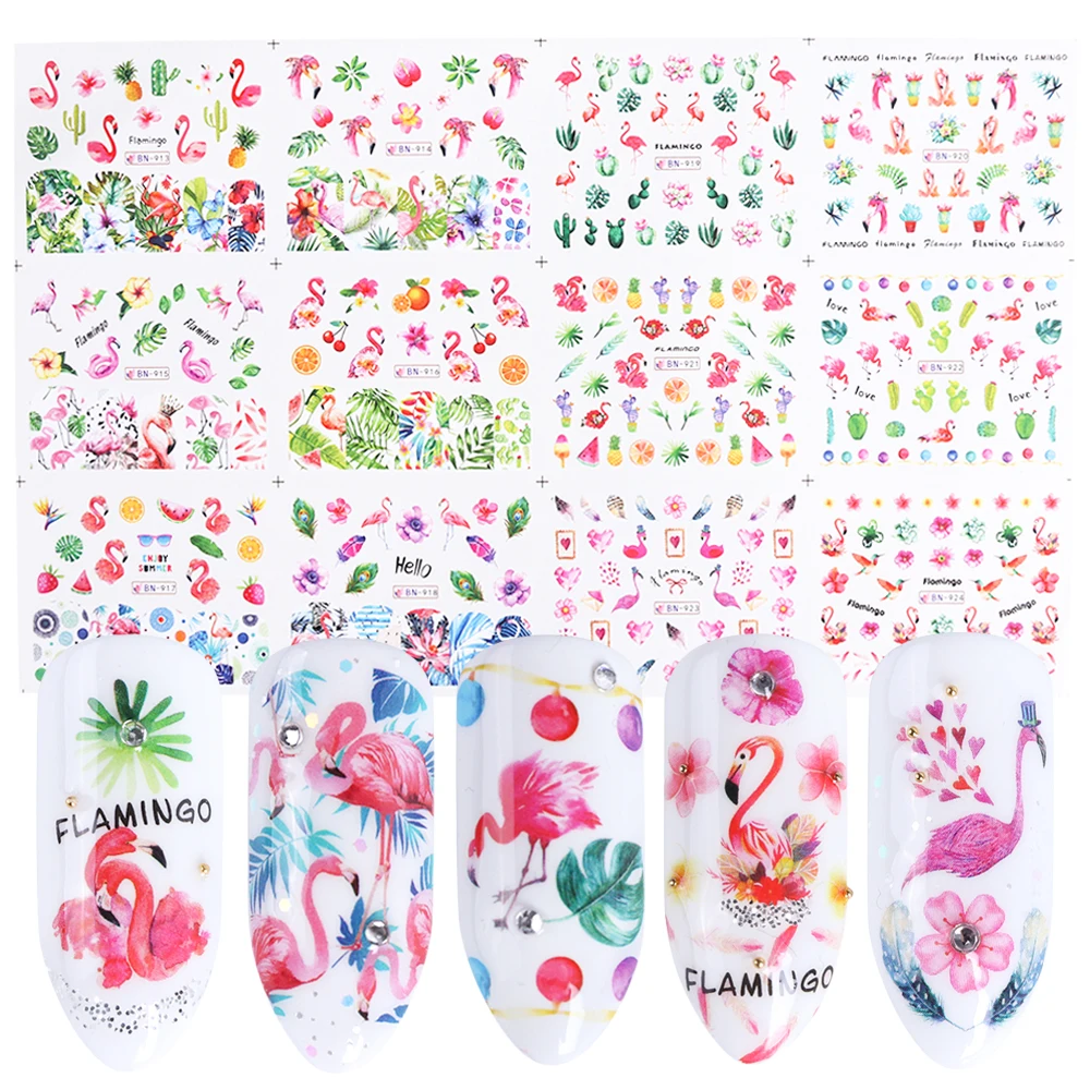 

Flamingo Nail Wraps Water Stickers Flower Design Nail Foil 3D Adhesive Tips Water Transfer Slider Nail Art Accessory SABN913-924