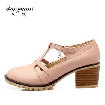 

Fanyuan Spring Stiletto high Heels women T-Strap shoes sweet Pink White girls Pumps safety Buckle Thick heel lady Dress shoes