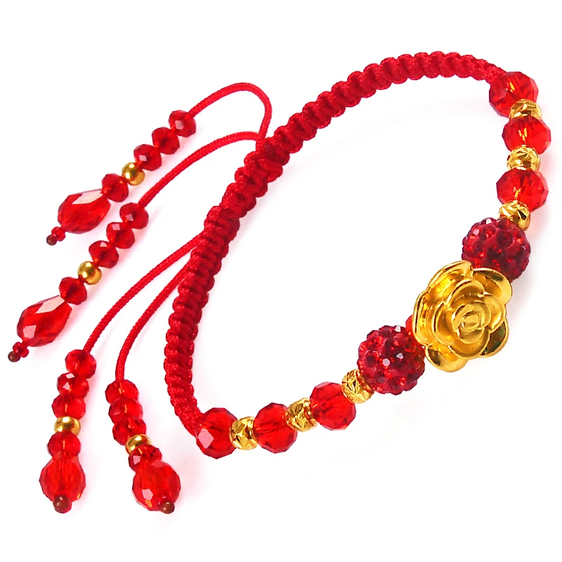 

Pure Gold 3D Hard Gold Rose Red Crystal Transfer Beads Hand Link Road Pass Red Rope Gold Bracelet Female For Women Gift 6.3inch