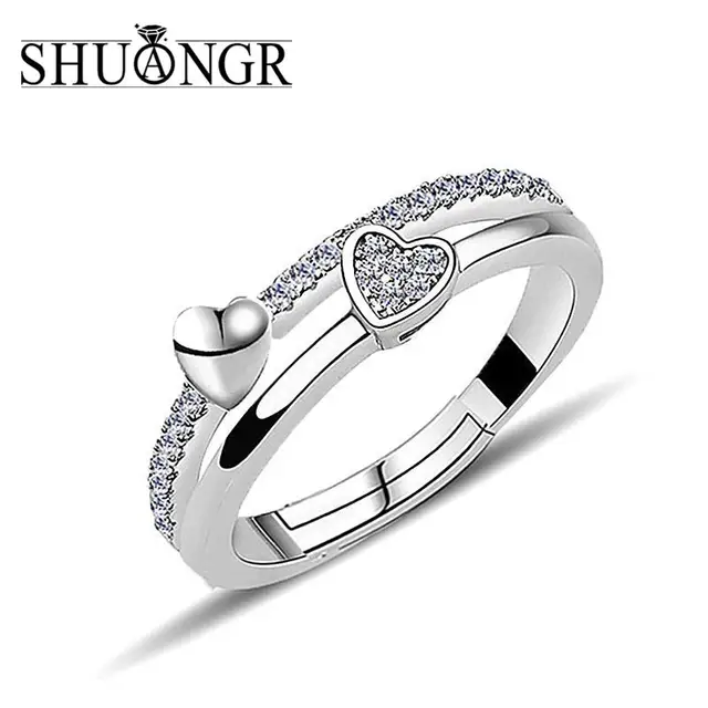 SHUANGR Top Quality Silver Concise Vintag CZ Double Heart Crystal Wedding Ring R SHUANGR Top Quality Silver Concise Vintag CZ Double Heart Crystal Wedding Ring R