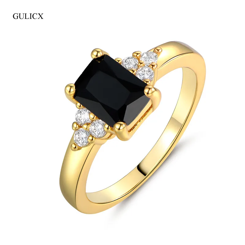 

GULICX 2017 Fashion Large Princess Cut Crystal Lady Ring Yellow Gold-color Band Black Cubic Zirconia Party Jewelry R092