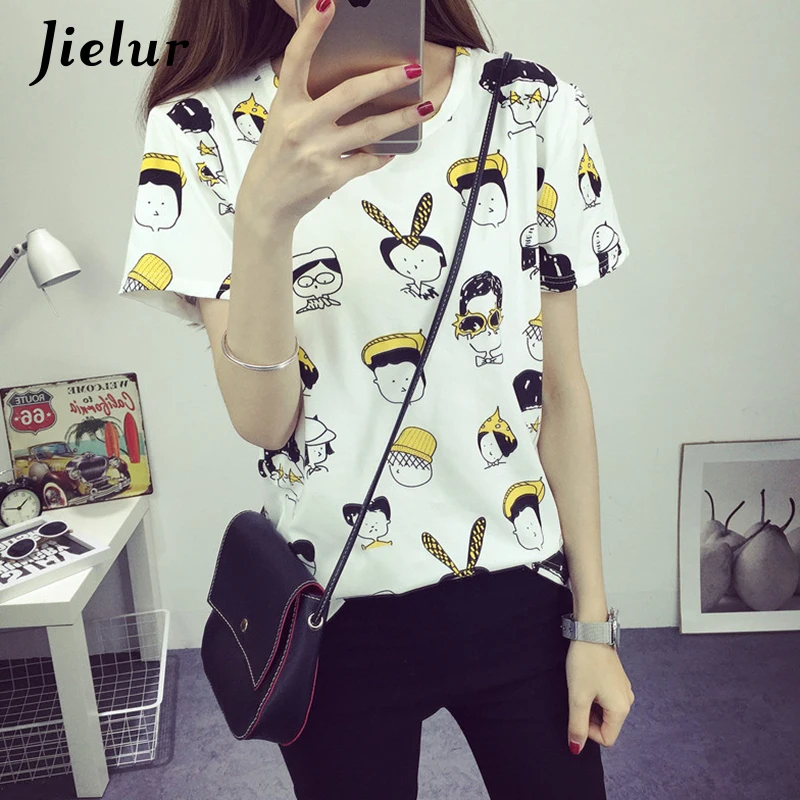 

Jielur Harajuku Tshirt Korean Fashion O-neck Kawaii Funny Cartoon T Shirt Women Cute Printed Sweet Girls Summer Tee Top Female