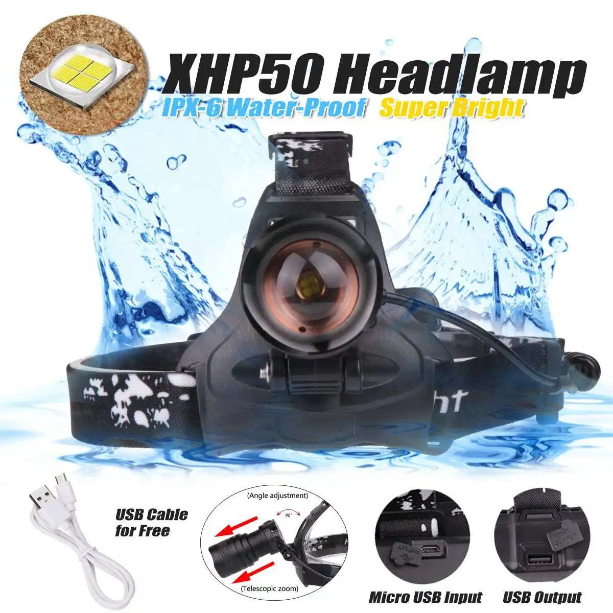 

Smuxi headlamp XHP50 headlight 2 modes 60000lm LED head light waterproof flashlight zoomable 3*18650 include for hunting cycli