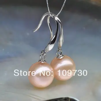 

ry00197 woman AAA 11-12mm pink round Natural Akoya pearl Earrings 925 silver