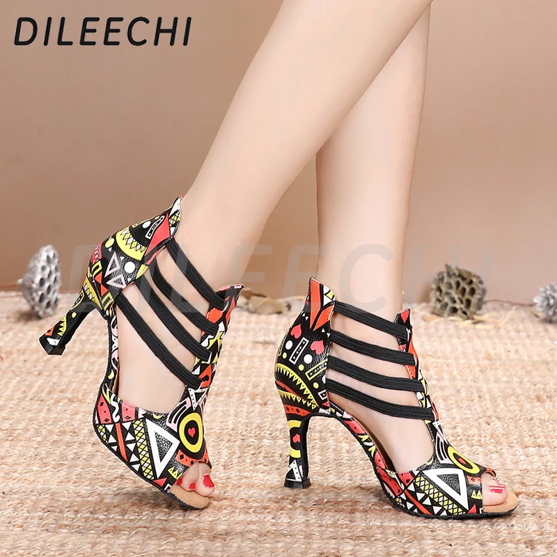 Dance Shoes DILEECHI Featured print Dance Shoes For Women Latin Salsa Dance Boots Paty Ballroom Shoes Women cuban heel 9CM