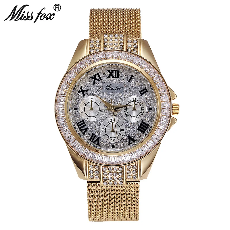 

Miss Fox Diamond Watch Fashion Brand Gold Women Dress Campaign Relogio Feminino Dourado Roman Number Steel Mesh Montre Femme