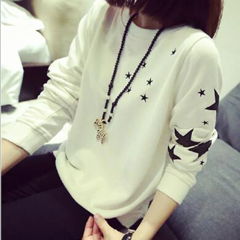  Thin Style Women Hoodies Sweatshirts Fashion Star Print Long Sleeve Round Neck Hoody Pullovers Casu