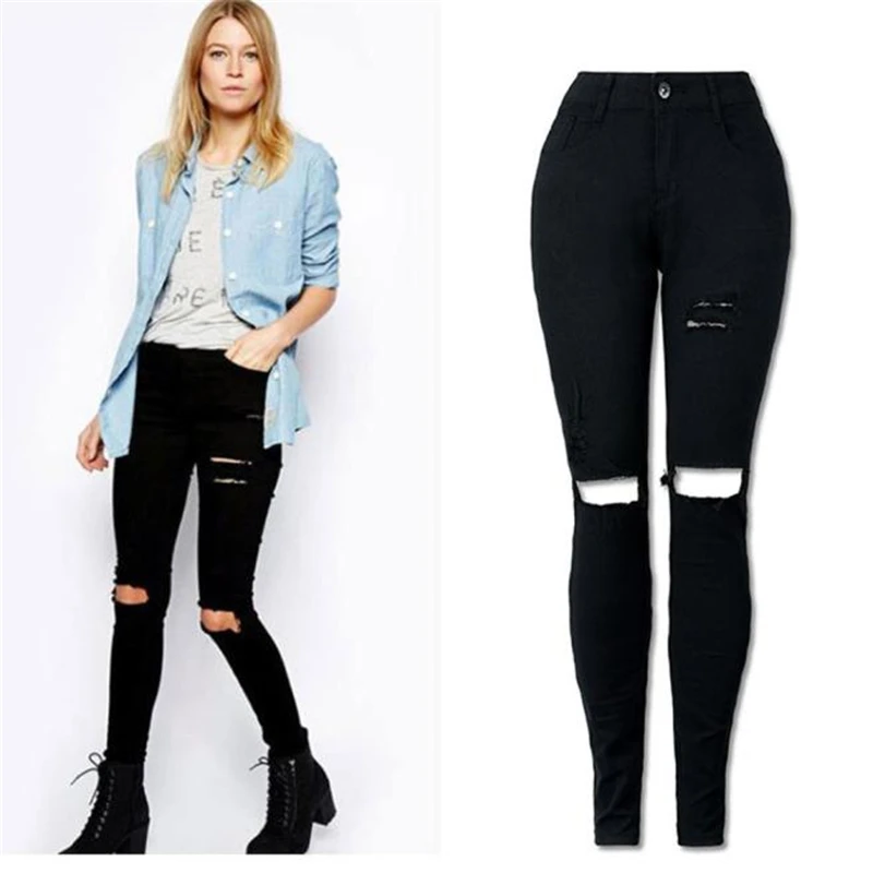 CHAMSGEND, женские рваные джинсы, женские крутые рваные джинсы до колена, обтягивающие длинные джинсы, узкие брюки, хлопковые брюки Oc15