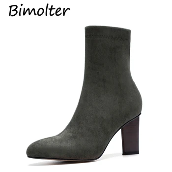 

Bimolter Female Flock High Calf Sock Boot Chunky Medium Heel Stretch Knit Booties Elastic Pointed Toe Lady Shoe Women PASB012