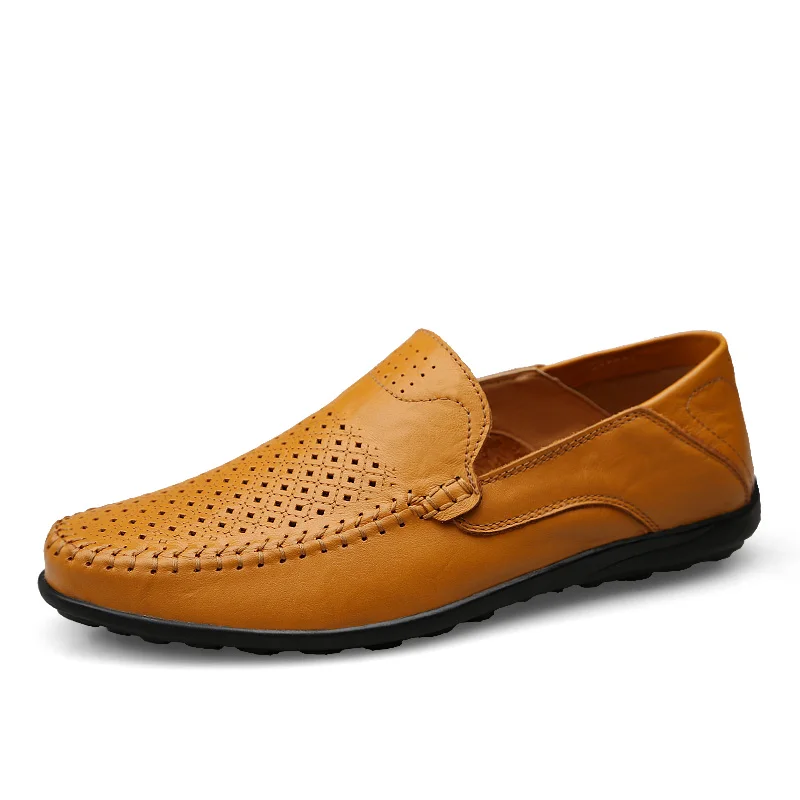 Jkpudun итальянская повседневные мужские туфли Элитный бренд летние мужские лоферы из натуральной кожи; мокасины; удобные; дышащие слипоны; водонепроницаемые Мокасины - Цвет: Summer Yellow brown