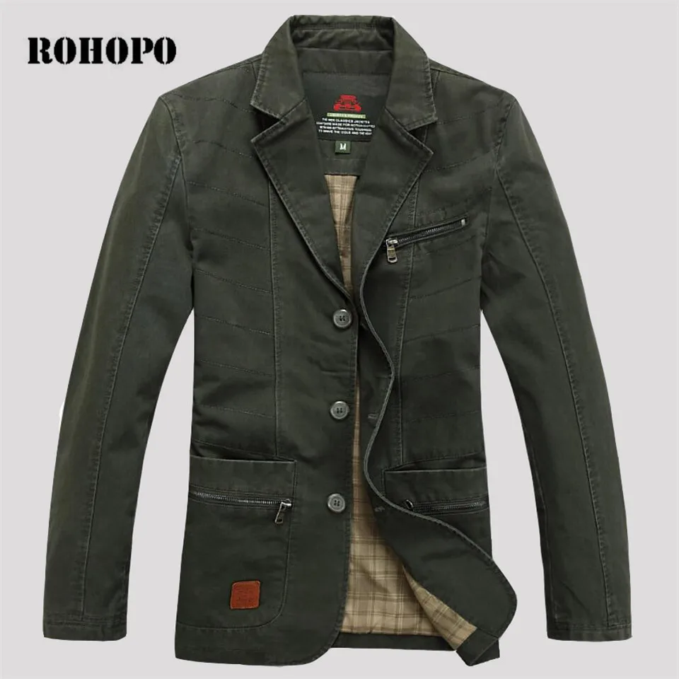 

ROHOPO Thick Pure Cotton Top Quality Man's Slim Blazer,Zipper Pocket Male Motorcycle Safari Single Breast Blazer Outwear Militar