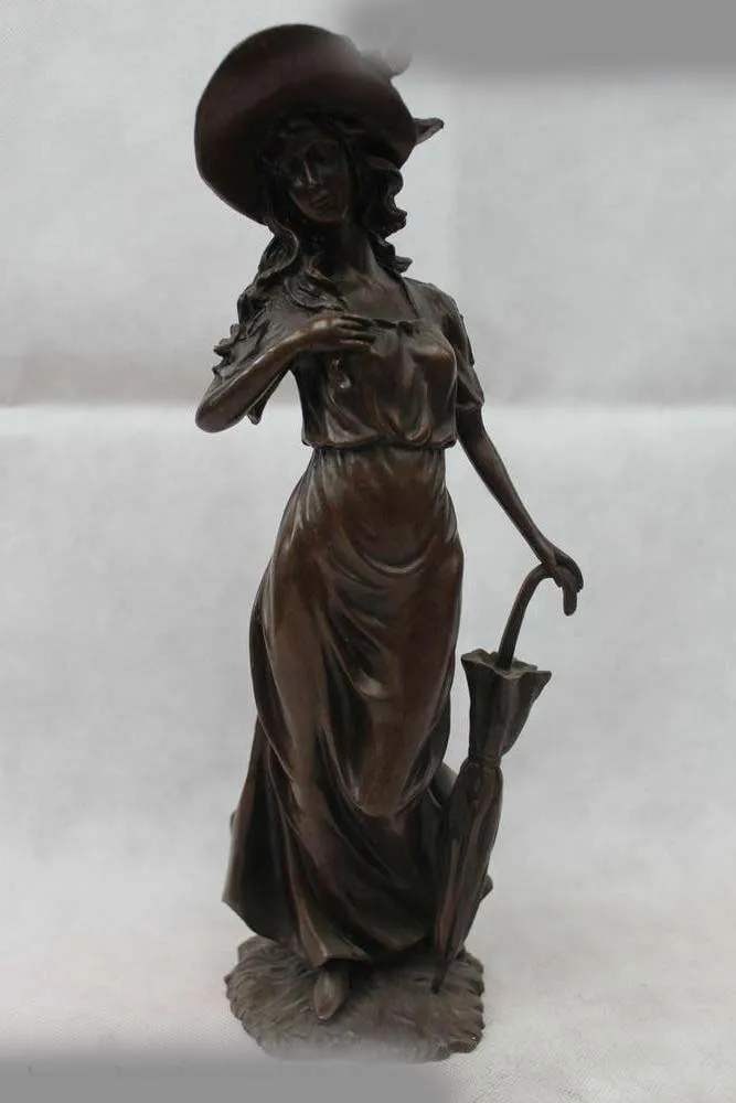 

13"Westen Bronze Marble Sexy Stand Belle Girl Lady Woman umbrella Art Statue
