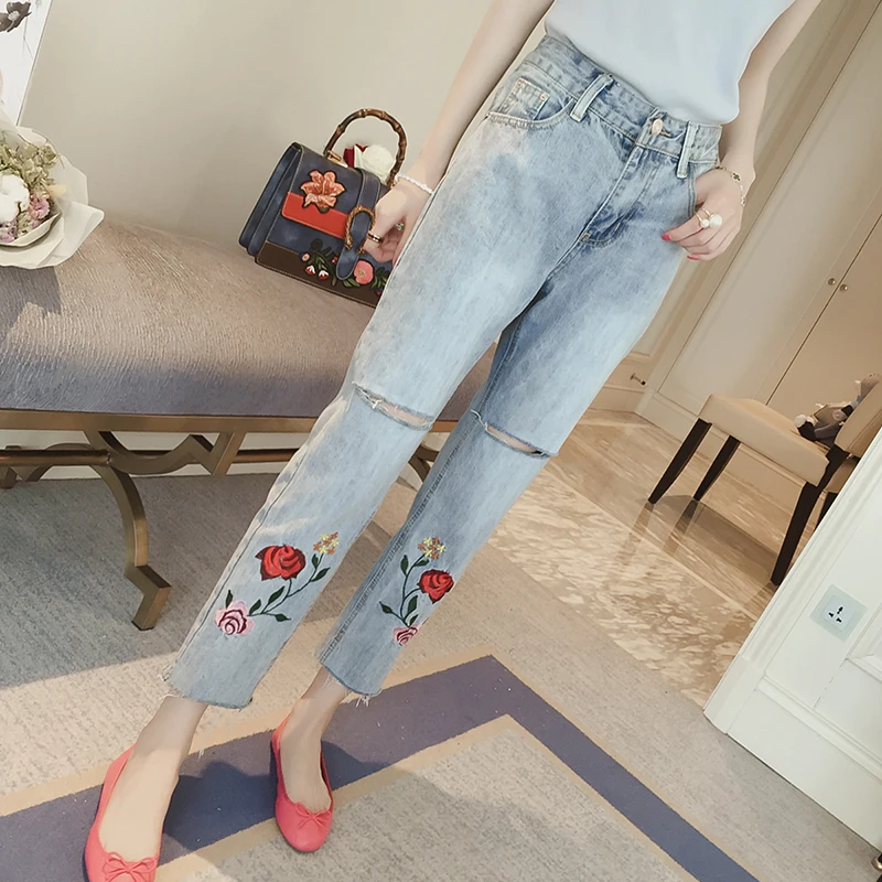 5xl plus big size denim jeans panty women spring autumn 2017 feminina holes embroidery jeans loose