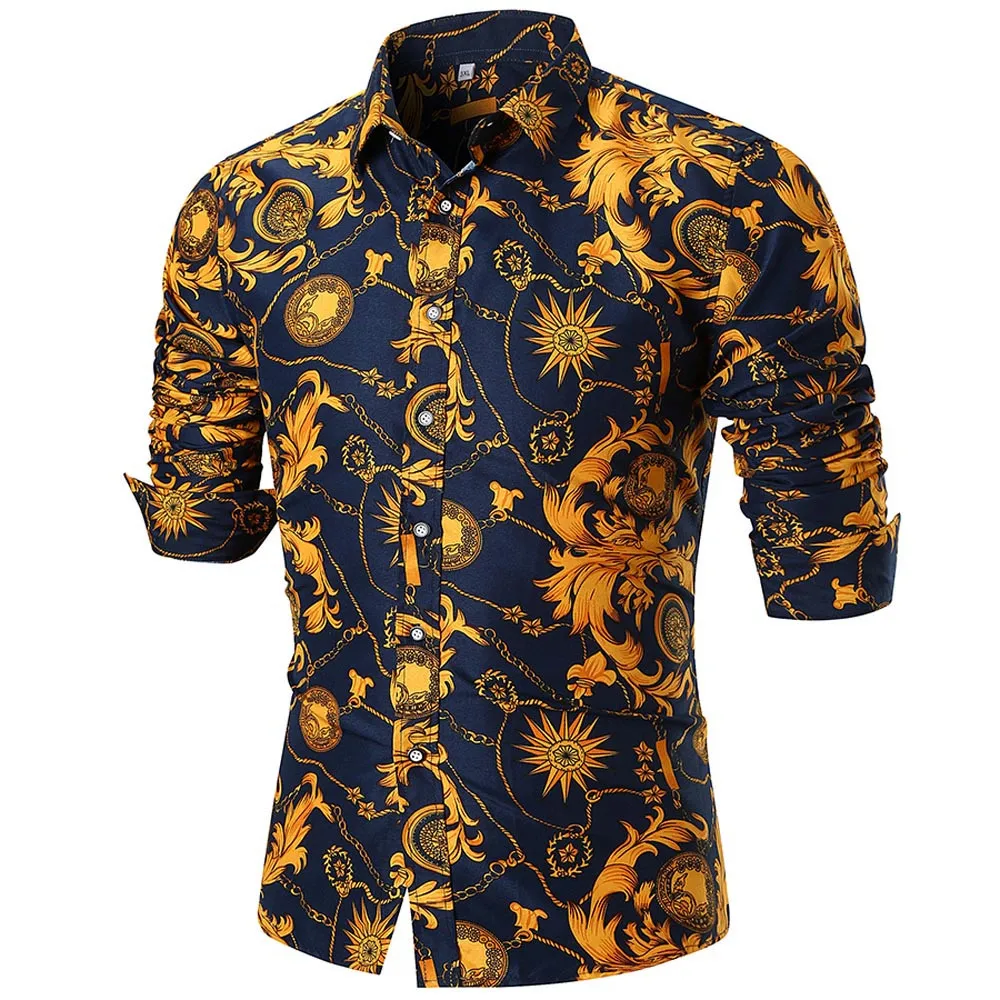 Feitong Spring Men's Casual Slim Shirts Plus Size Vintage Male Long Sleeve Printed Shirt Tops