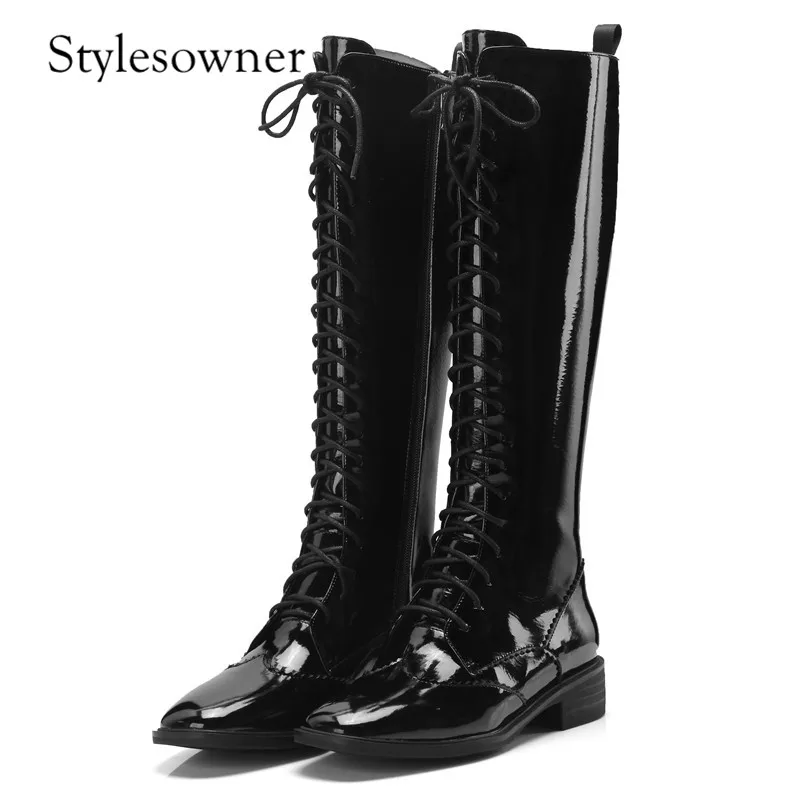 Stylesowner Hot Design Hand-made Rome Woman Long Boots Knee-high Square Toe All-match Western Black Solid Color Elegant | Обувь
