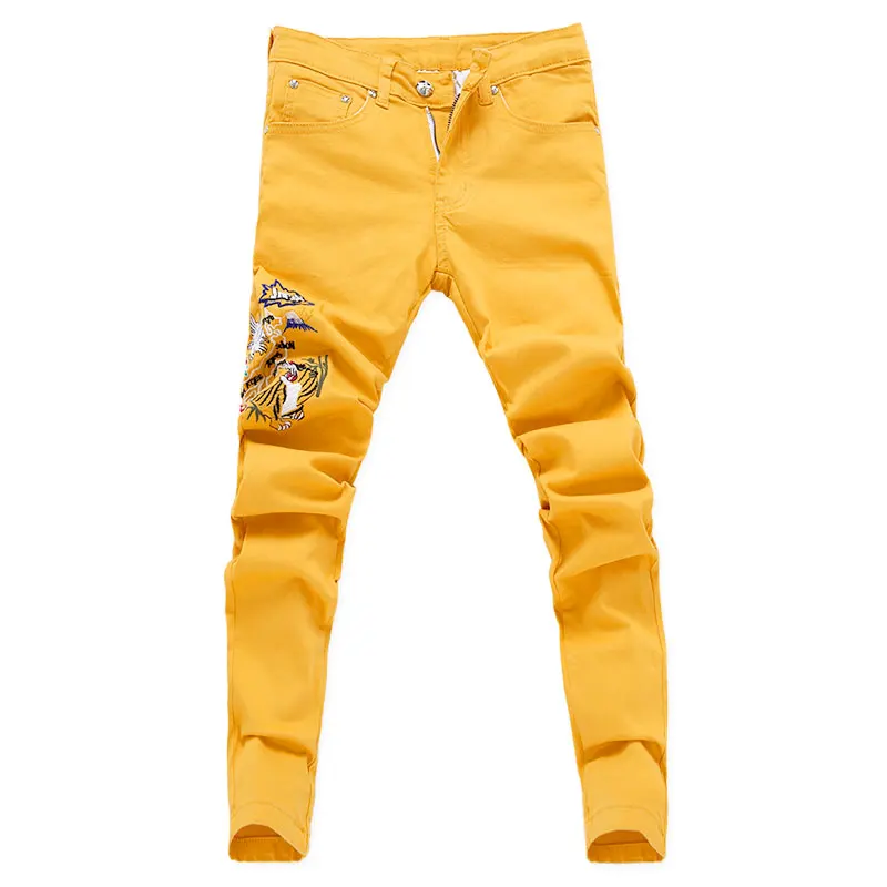 bell bottom jeans for men 2021 New Fashion Ripped Jeans Men  Embroidery Skinny Pants Man Spring Summer Yellow green pink Demin Pants Plus Sizer men's jeans