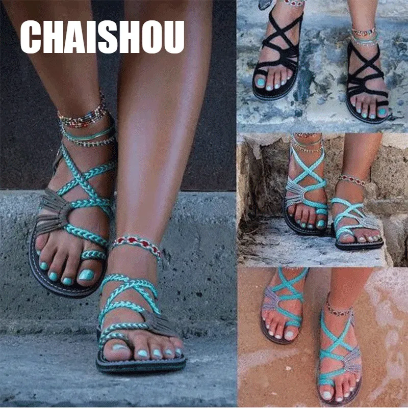 

Women Shoes sandals Romanesque Hand-woven Gladiator Sandals Women Bohemia Summer Shoes Beach Flat Sandals plus size 35-43 C272