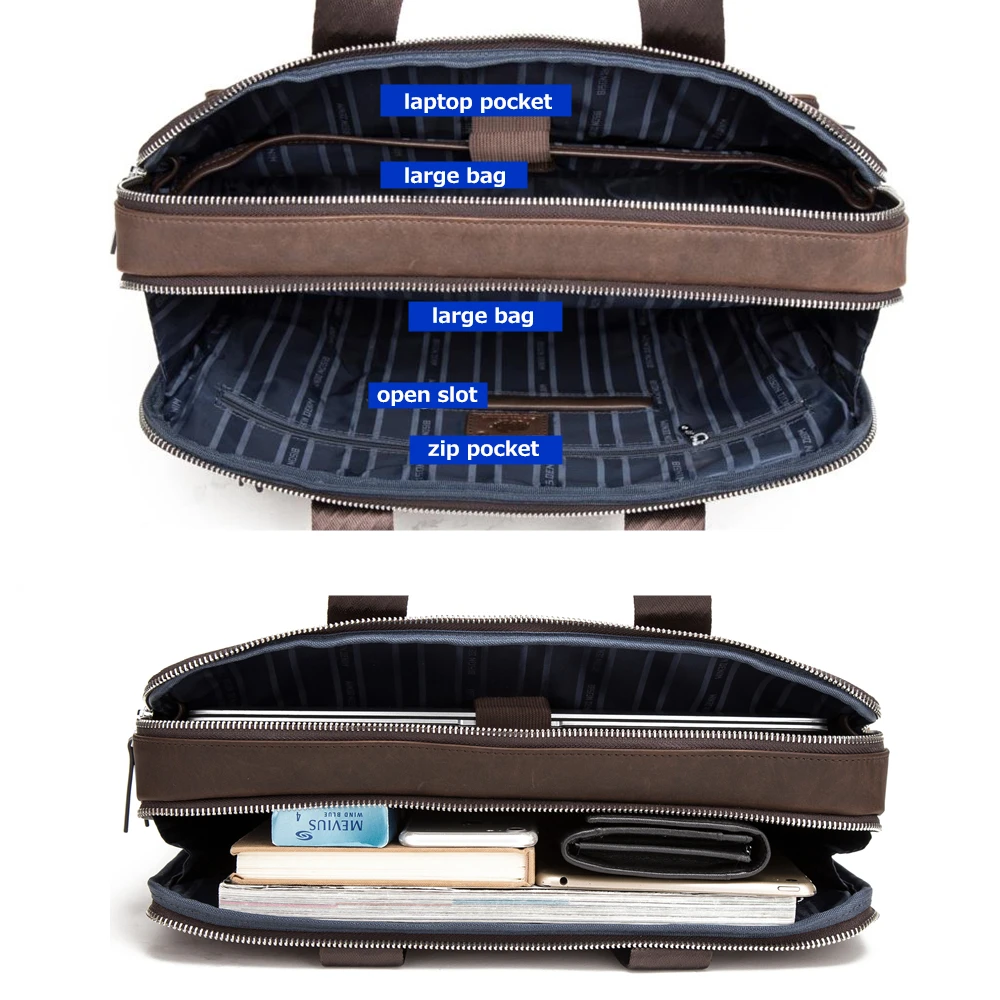 BISON DENIM Brand Men's Briefcase Satchel Bags Genuine leather 14\